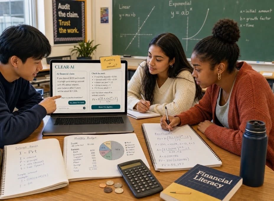 Three students around a laptop, checking an AI savings claim against handwritten algebra on the CLEAR-AI platform.